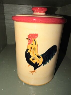 Blue Sky Stoneware Rooster Canister Jar Hand Painted 7.5”